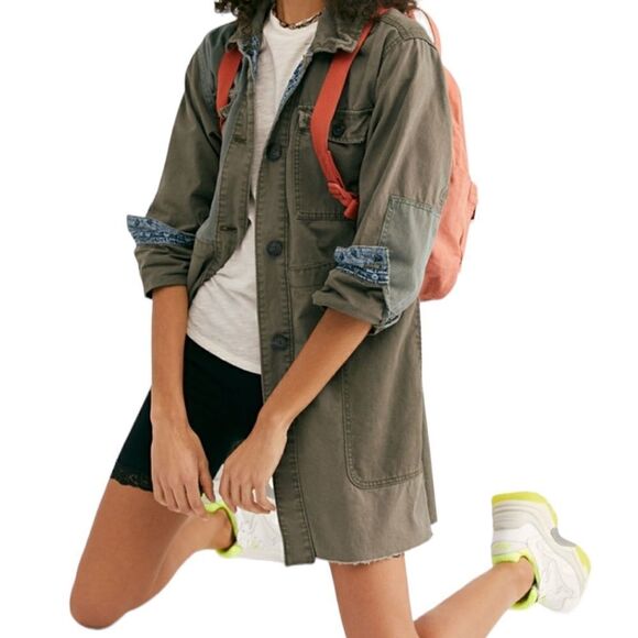 We The Free Green Utility Cargo Midi Casual Oversized Button Front Jacket Coat - Picture 5 of 10